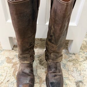 Frye Harness Tall Boots Distressed Brown Leather Moto Riding Boots Size 9N